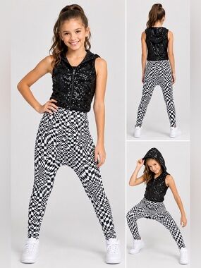Kids Medium Hip Hop Dance Costume Black Sequin Hoodie Checkerboard Pants